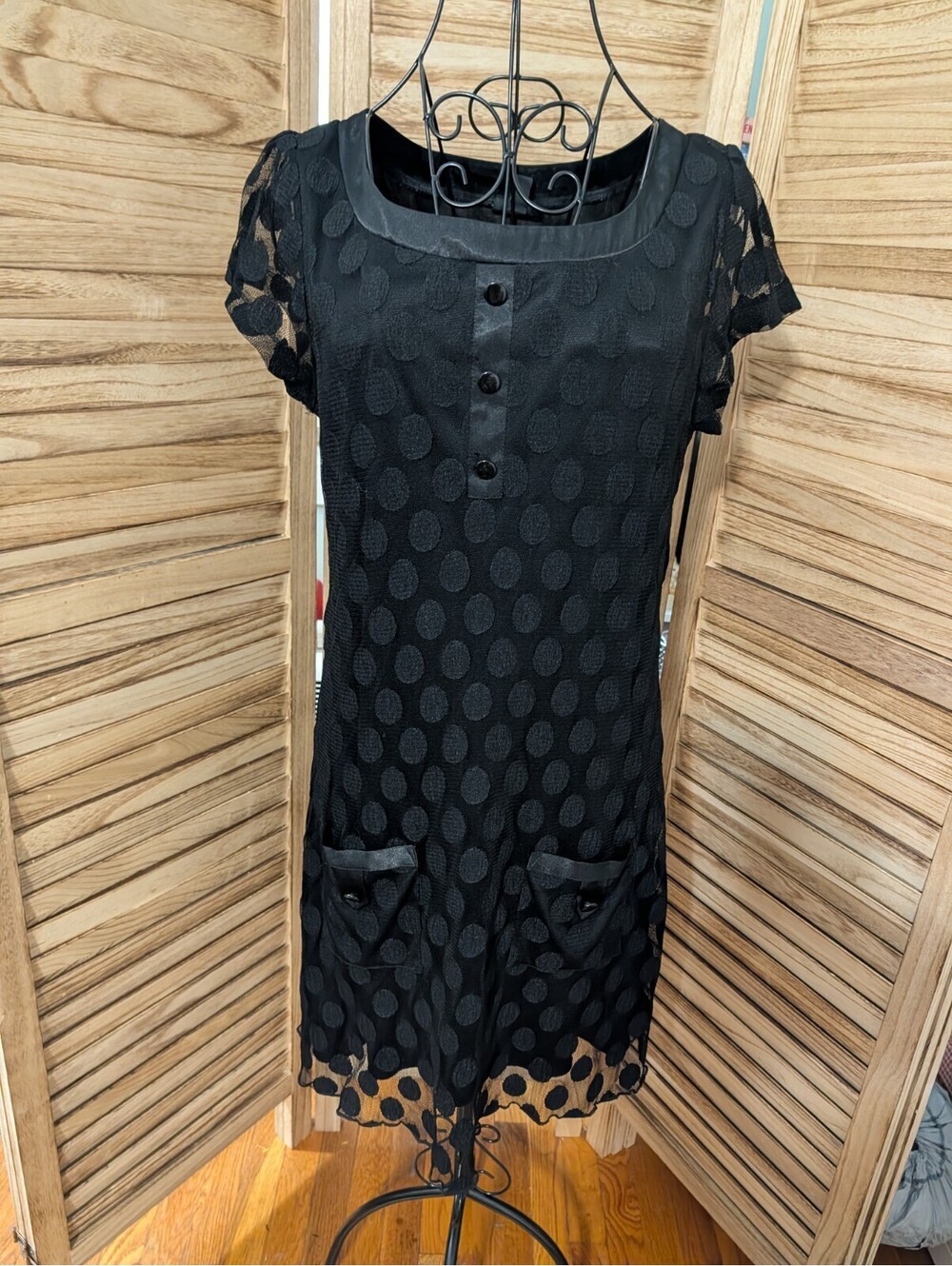 ENFOCUS STUDIO Women Black Polka Dots Short Dress Sheer Chiffon Lined Sz 10 Pkt